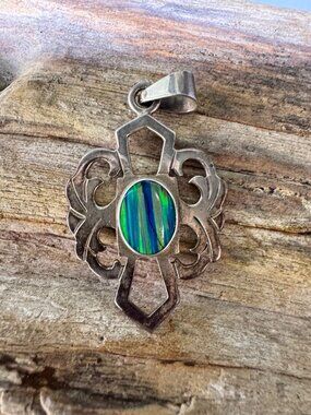 Sterling Silver Cross Pendant Synthetic Opal Inlay 925 2” 9.01g Vintage